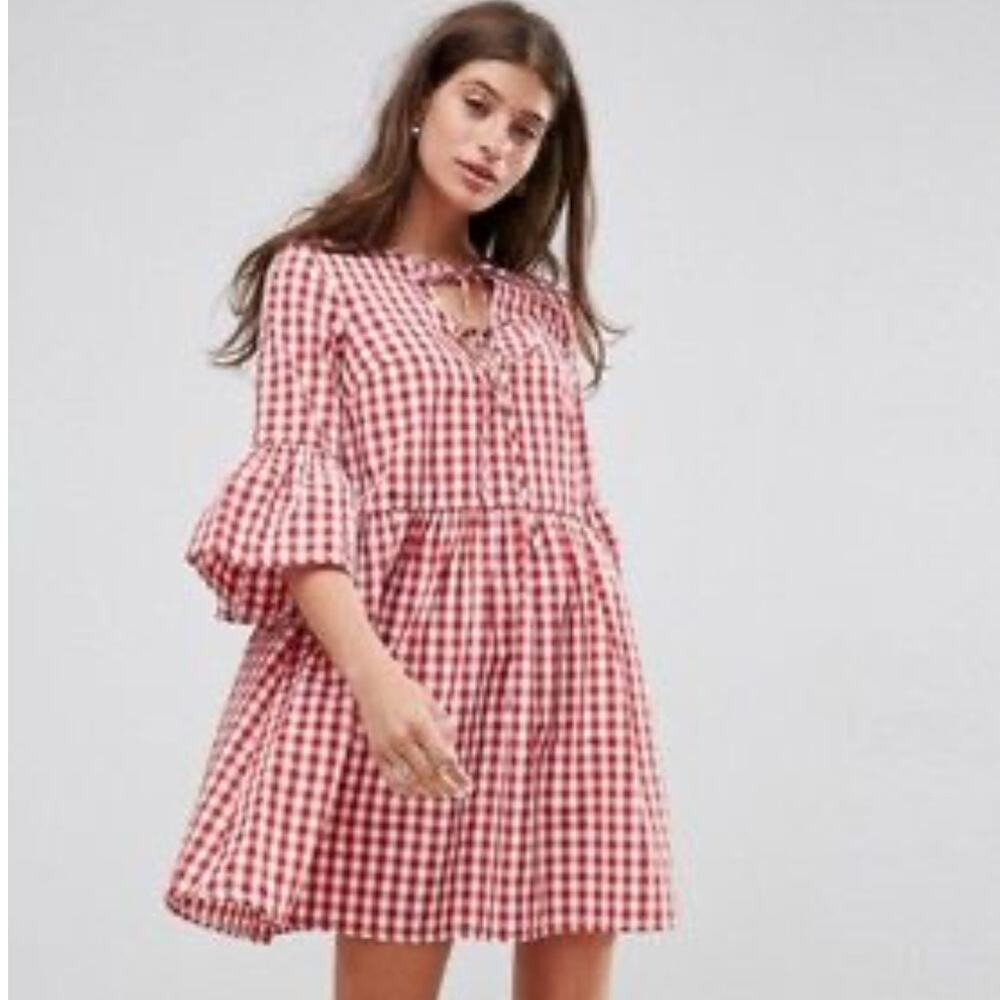 ASOS Gingham Babydoll Dress Womens Size 12 Red Tie Front Bell Sleeve Americana